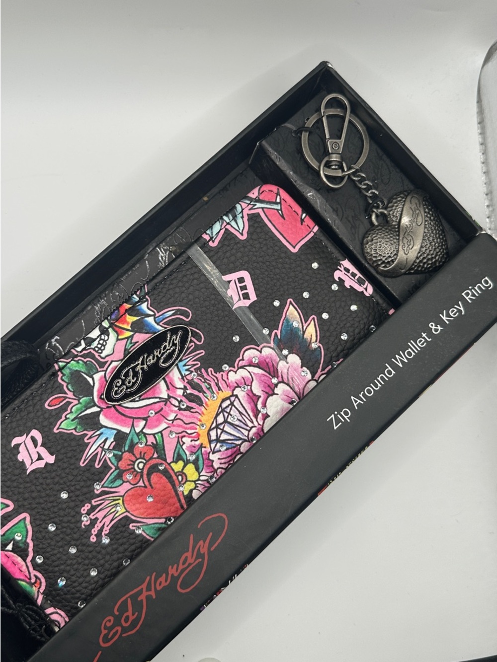 Ed Hardy Black Wallet with Pink Floral Tattoo Print & Heart Charm